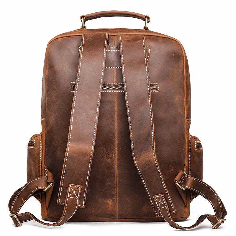 Vintage Men's Crazy Horse Leather Backpack Business Man High Quality Travel Backpack Real Leather Laptop Bag School satchel Bags - footmaxldn