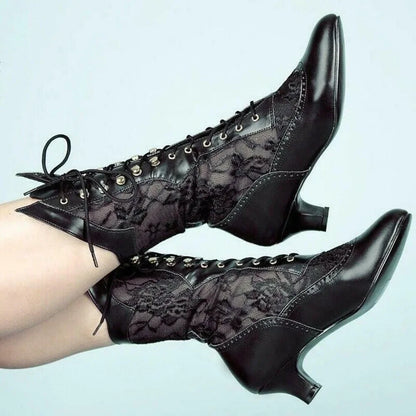 Footmax Women's Victorian Ankle Boots - Vintage Pointed Toe High Heel Lace-Up Boots - footmaxldn