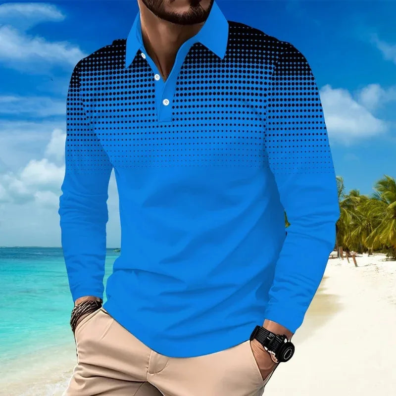 Footmax Men's Gradient Dot Print Golf Polo Shirt - Long Sleeve Casual Streetwear Button Up - footmaxldn