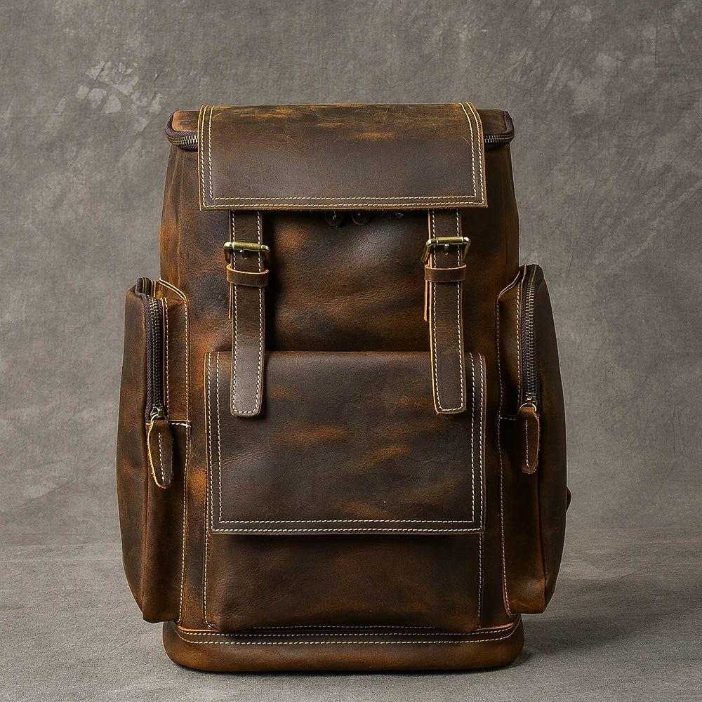 Vintage Crazy Horse Genuine Leather Backpack Men Leather Bagpack Climbing Rucksack male Large Hiking Backpack M814 - footmaxldn
