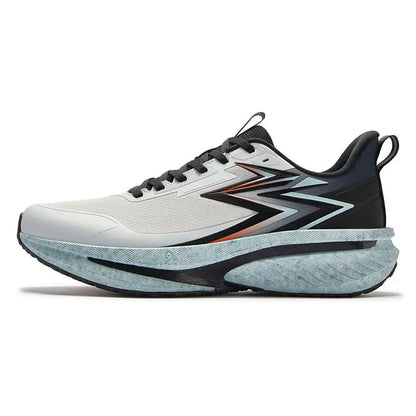 A single athletic running shoe shown in profile against a plain white background. The shoe features a white mesh upper, black laces and heel counter, a black midsole with a light blue textured foam section, and a small orange accent line running through the side logo.