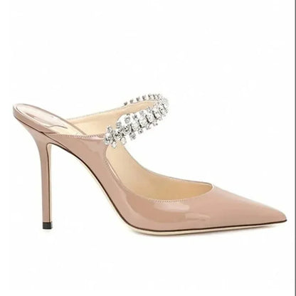 Footmaxldn Rhinestone Chain Stiletto Mules – Patent Leather High Heel Sandals for Women