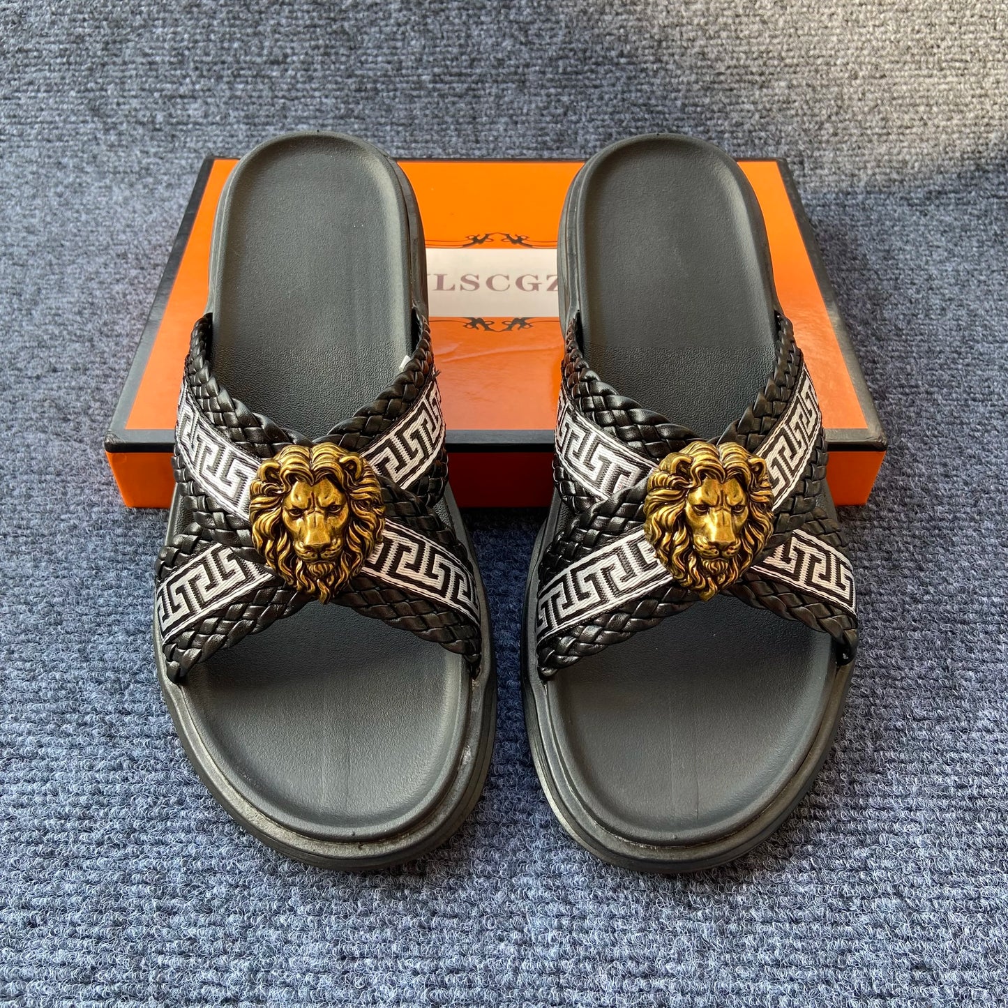 Footmaxldn Lion Head Cross-Strap Slides | Men's Designer Sandals