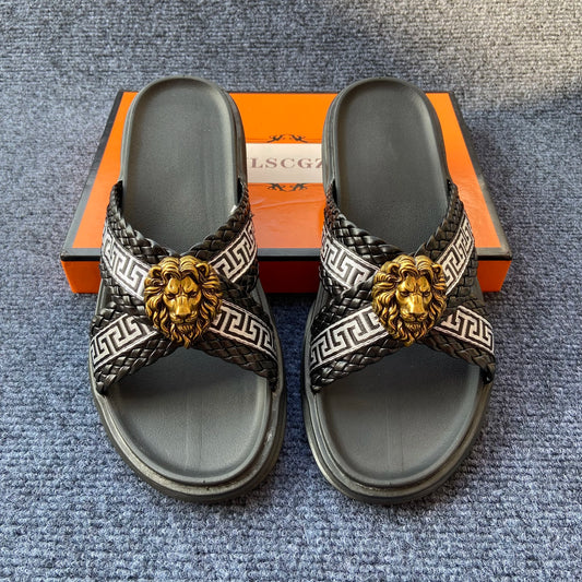 Footmaxldn Lion Head Cross-Strap Slides | Men's Designer Sandals