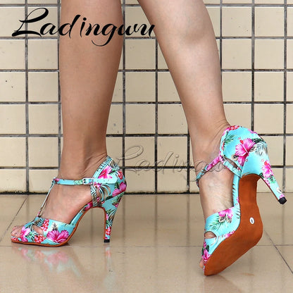 Footmax Tropical Print Satin Salsa Dance Shoes - Women's Latin Ballroom Sandals - footmaxldn