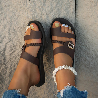 Summer Ladies Flat Sandals Fashion Diamond Buckle Elegant Woven Strap Comfortable Easy-To-Wear Thong Slippers - footmaxldn