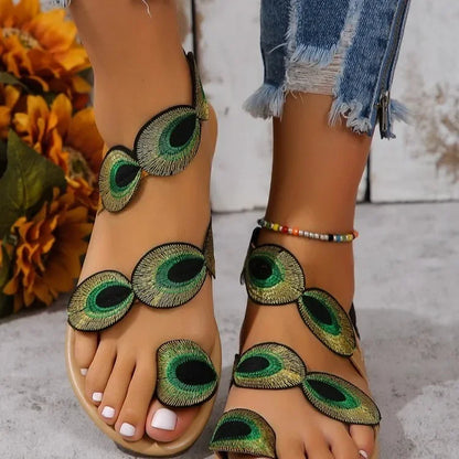 Footmaxldn Peacock Feather Embroidered Flat Sandals for Women