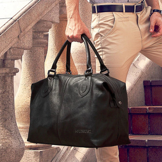 Fashion Genuine Leather Travel Bag Men's Luggage Bags Large Male Duffle Bag weekend Women Shoulder Bag Big Tote Handbag Black - footmaxldn