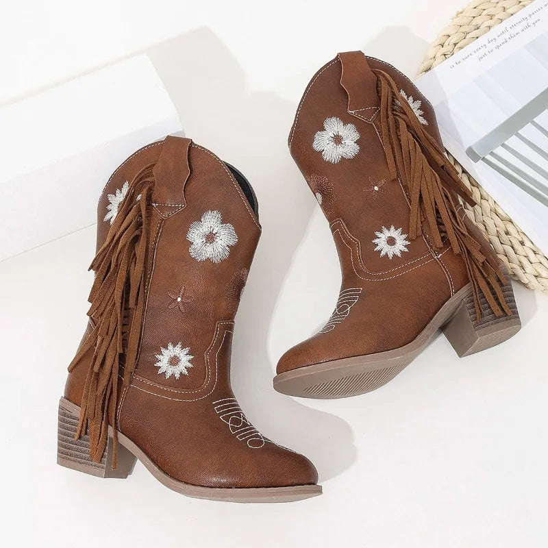 Floral Western Knee High Boots Girls Premium Quality Slip-on Fringe Cowboy Booties Kids Autumn Heeled Point Toe Botas para niños - footmaxldn