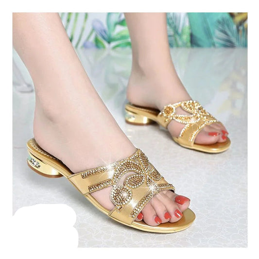 Bohemian Rhinestone Sandals for Women Summer High Heels Gladiator Sandals Woman Slip On Beach Slippers Flip Flops - footmaxldn