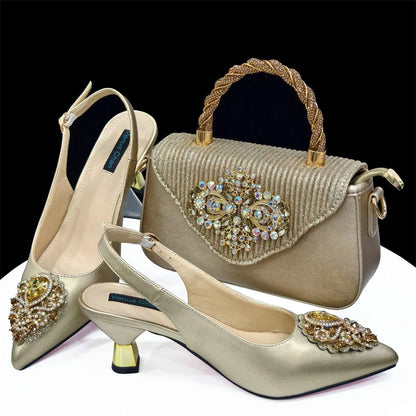 2024Sweet Party Style African Women's Shoes Bags Rhinestone Embellished Pointed Toe  Heels Square Clutch Bag
