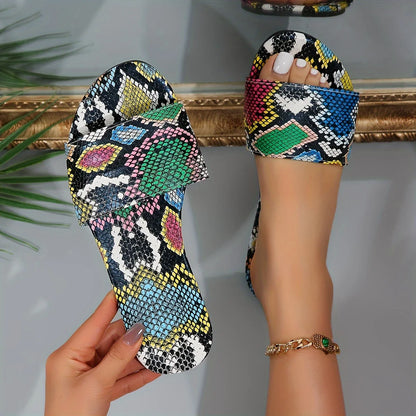 Footmaxldn Women's Snakeskin Print Flat Slide Sandals | Square Toe Open-Toe Beach Shoes