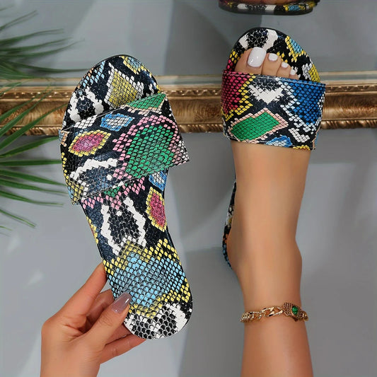 Footmaxldn Women's Snakeskin Print Flat Slide Sandals | Square Toe Open-Toe Beach Shoes