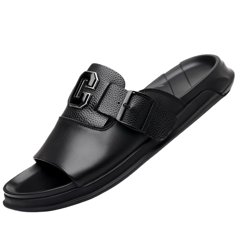 Men's Genuine Leather Platform Sandals | Roman Buckle Summer Slides – Footmaxldn
