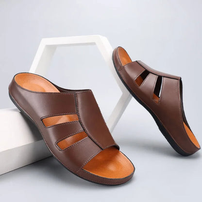 Men's Handmade Leather Peep-Toe Slippers – Footmaxldn