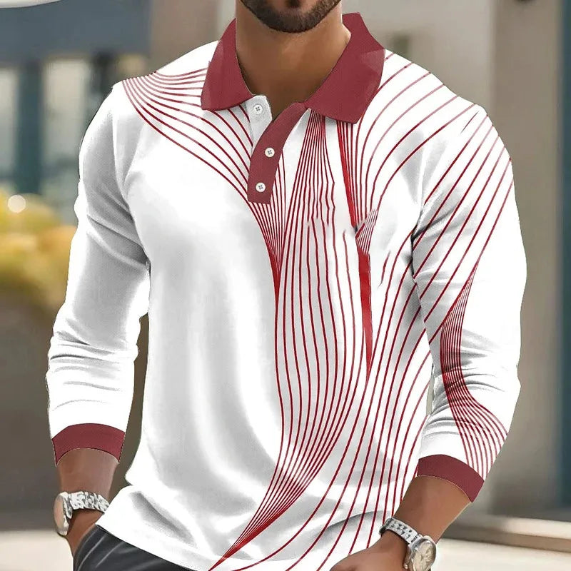 Footmax Men's Striped Print Golf Shirt - Long Sleeve Polo Business Casual 3D Autumn Winter - footmaxldn