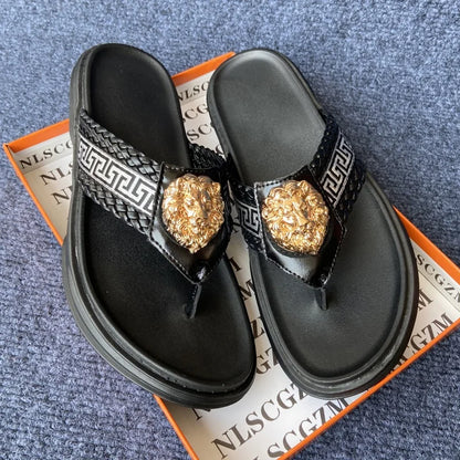 Footmaxldn Lion Head Flip Flops – Men's Luxury Leather Thong Sandals