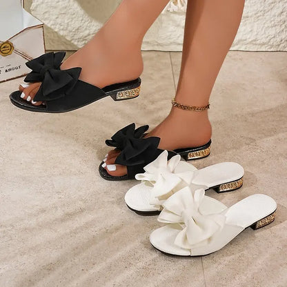 Footmaxldn Bow-Tie Flat Slippers | Women's Square Heel Beach Sandals