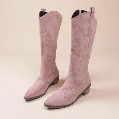 Women's Embroidered Western Knee-High Boots – Square Heel, Pointed Toe | Footmaxldn