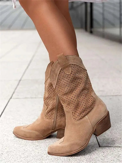 Footmax Women's Black Suede Mid Boots - Chunky Heel Side Zip Booties - footmaxldn