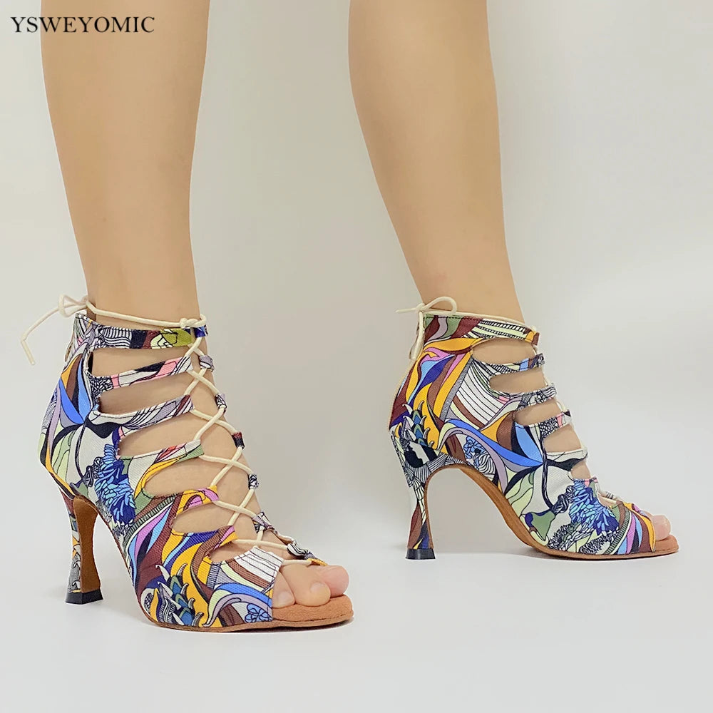 Footmax Colorful Denim Dance Boots - Women's Latin Salsa Dance Shoes with Thick Insole - footmaxldn