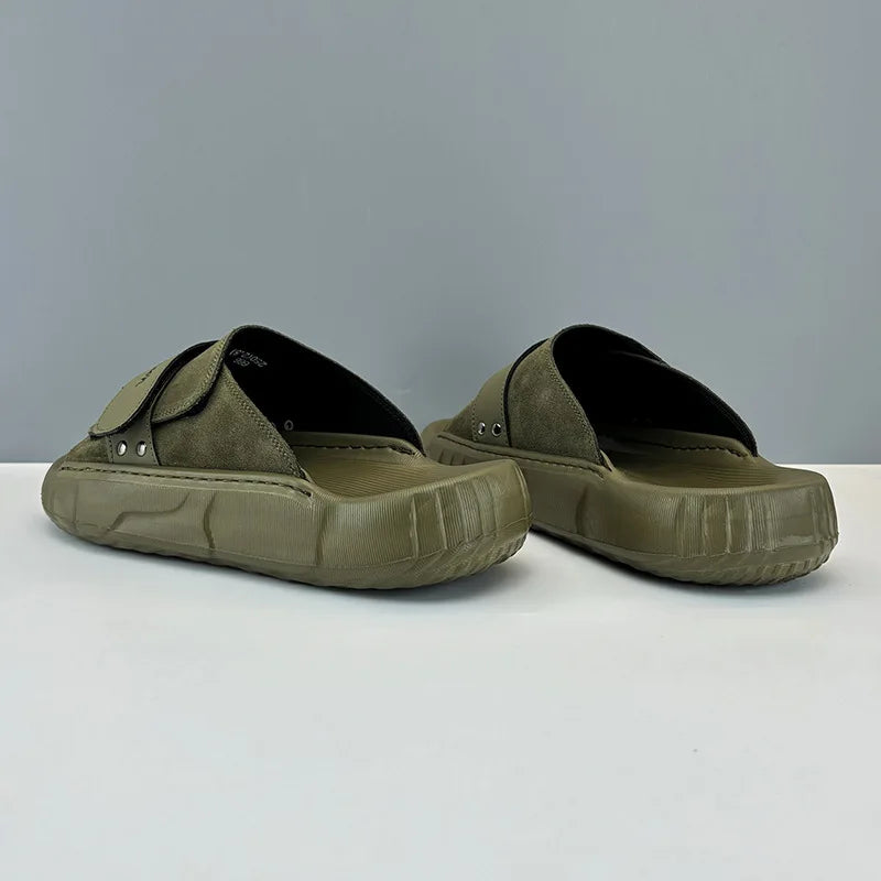 2024 Summer New Arrival Trend Lightweight Casual Genuine Leather Slippers Non-slip Outdoor Amy Green Cool Men Slippers - footmaxldn