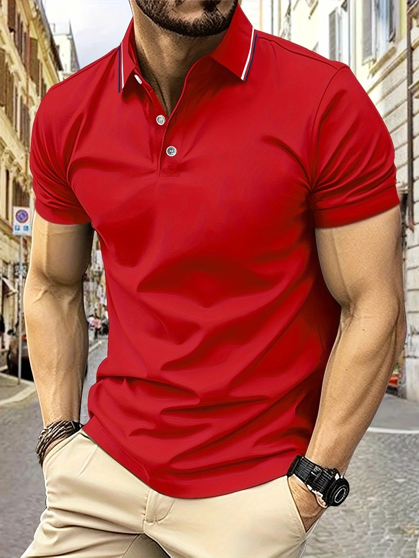Footmax Men's Striped Collar Polo Shirt - Breathable Summer Business Casual - footmaxldn