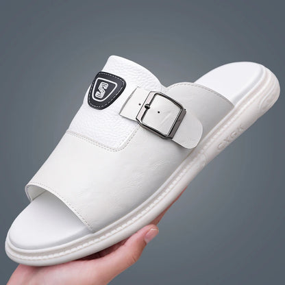 Men's Leather Slide Sandals with Buckle Strap – Footmaxldn