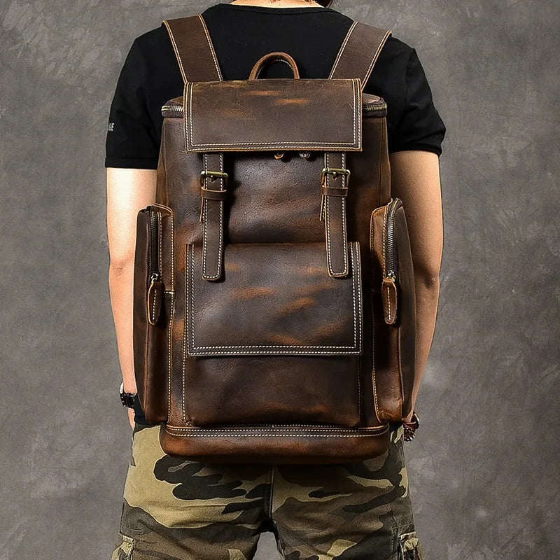 Vintage Crazy Horse Genuine Leather Backpack Men Leather Bagpack Climbing Rucksack male Large Hiking Backpack M814 - footmaxldn