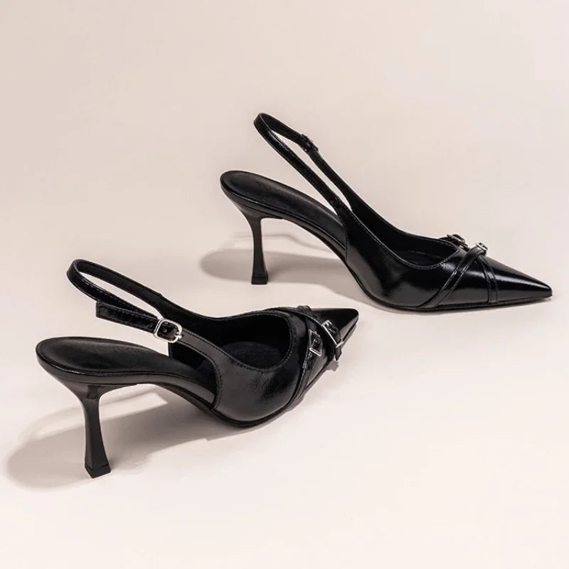 Fashionable Pointed Toe Shallow Mouth New High-heeled Shoes Summer Elegant Buckle Decorated Stiletto Black Women's Shoes NO:602 - footmaxldn