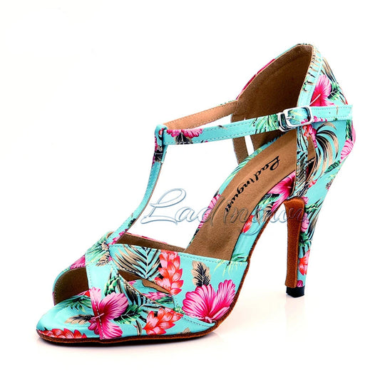 Footmax Tropical Print Satin Salsa Dance Shoes - Women's Latin Ballroom Sandals - footmaxldn
