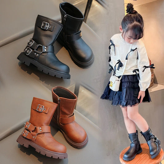2025 Autumn Winter New Children Leather Shoes for Girls Fashion British Style Soft Bottom Anti-slippery Versatile Short Boots - footmaxldn