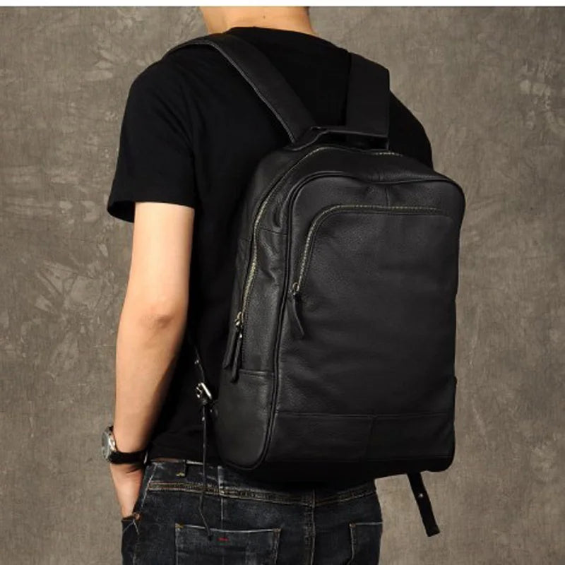 High Quality Fashion Genuine Leather Backpack Men Bagpack Student School Bag Backpack daily male Rucksack large Knapsack Black - footmaxldn