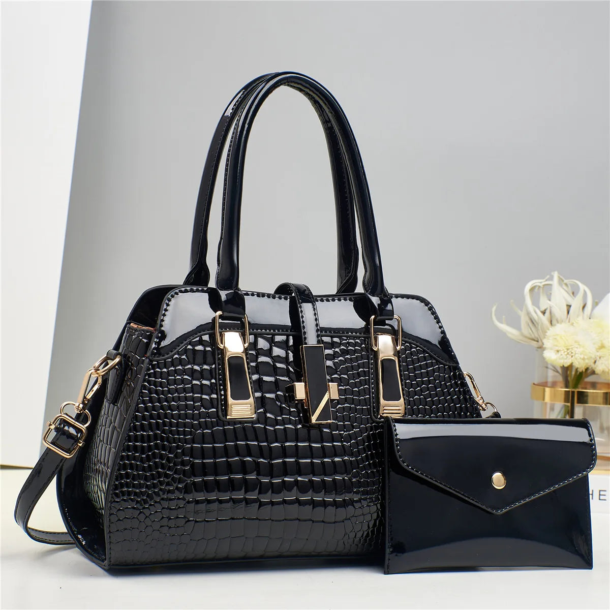 Luxury Brand Crocodile Handbag Women Tote Bag Bright Leather Women Purse Shoulder Bag Female Top-handle Bags Commuting Shopping - footmaxldn