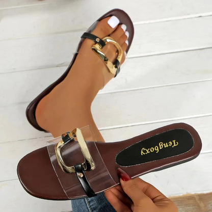 Summer 2025 New Women's Large Fashion Sandals and Slippers Summer New Flat Metal Strap Sandals - footmaxldn