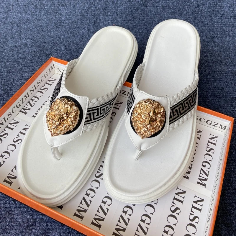 Footmaxldn Lion Head Flip Flops – Men's Luxury Leather Thong Sandals