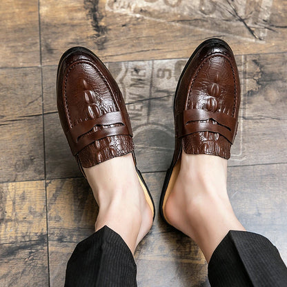 New Men Half Slippers Penny Loafers Male Casual Alligator Pattern Black Brown Mules Moccasins Breathable Driving Shoes - footmaxldn
