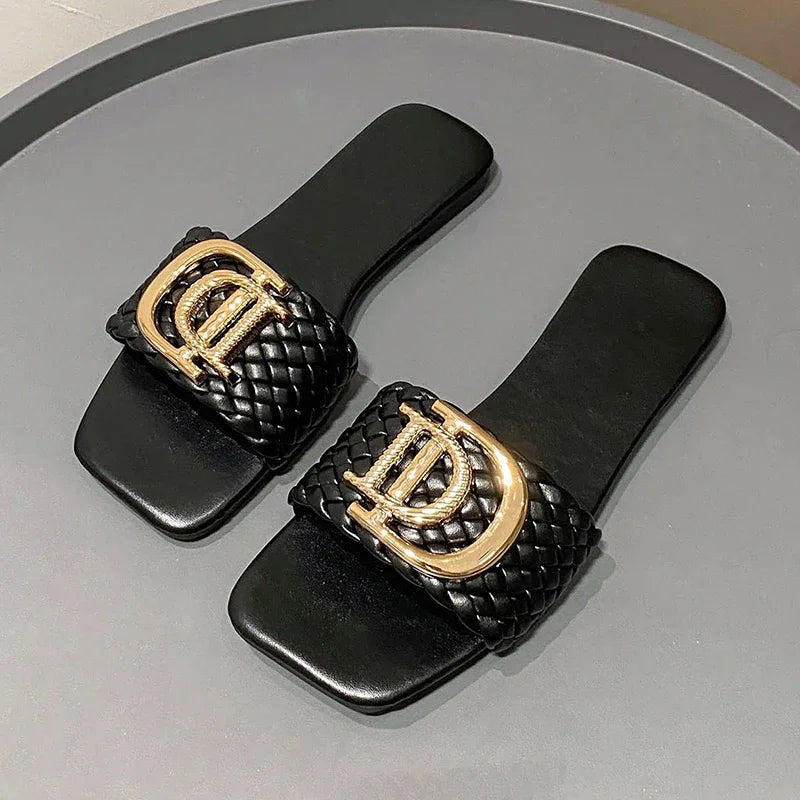 Women Slippers Party Sexy Elegant Slippers Women Luxury Decor Weave Designer Flat Sandals Fashion Open-toe Vacation Slides Women - footmaxldn
