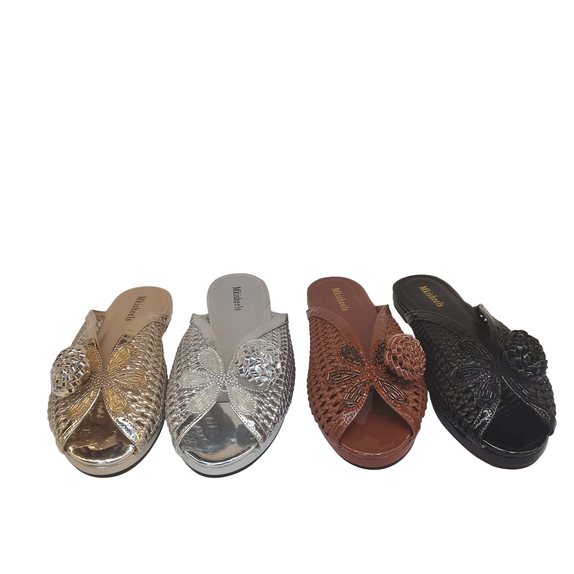 Four pairs of women's sandals in different colors on a white background