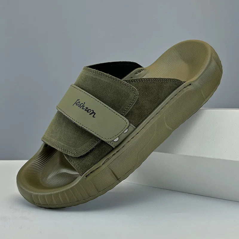 2024 Summer New Arrival Trend Lightweight Casual Genuine Leather Slippers Non-slip Outdoor Amy Green Cool Men Slippers - footmaxldn