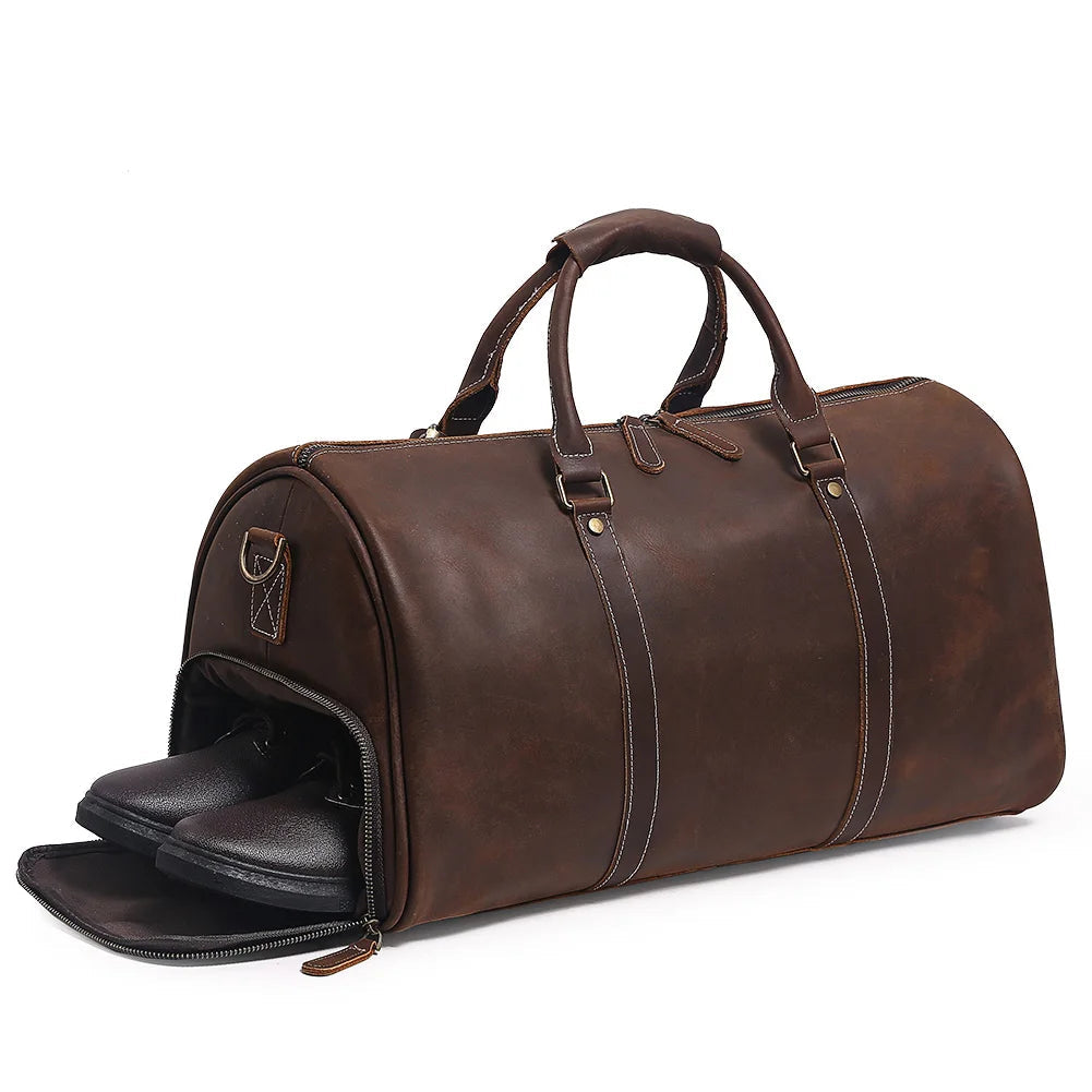 Footmax Men's Crazy Horse Leather Duffle Bag - Large Travel Luggage 15" Laptop - footmaxldn