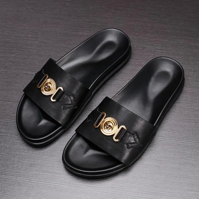 Men's Genuine Leather Slides with Gold Medallion Hardware – footmaxldn