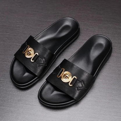 Men's Genuine Leather Slides with Gold Medallion Hardware – footmaxldn