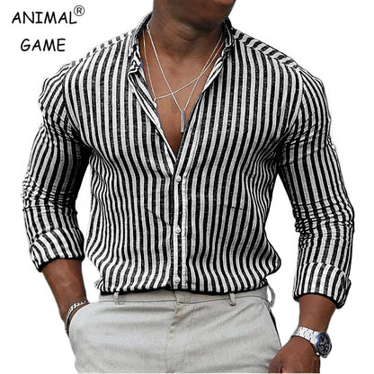 Footmax Men's Striped Hawaiian Shirt - Long Sleeve Breathable Lightweight Streetwear