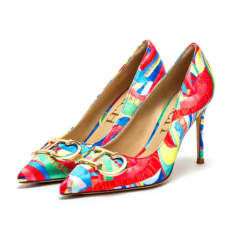 Footmax Women's High Heel Party Shoes - 9cm Pointed Metal Buckle Carnival Heels - footmaxldn