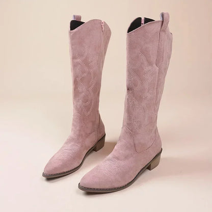 Women's Embroidered Western Knee-High Boots – Square Heel, Pointed Toe | Footmaxldn