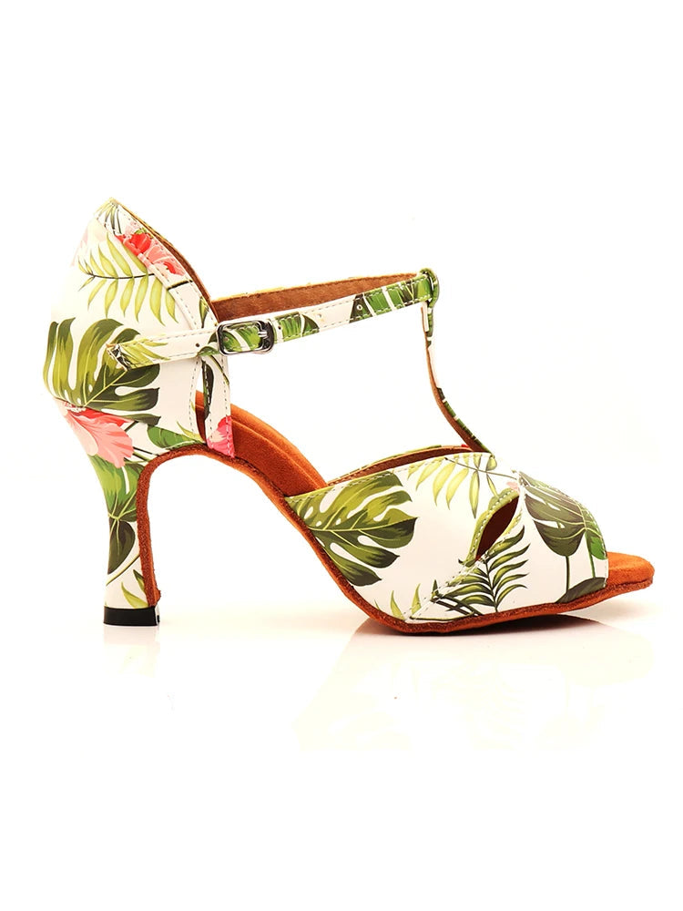 Footmax Women's Monstera Print Latin Dance Shoes - White Cuban Heel Ballroom - footmaxldn