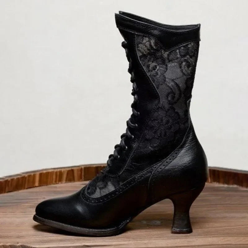 Footmax Women's Victorian Ankle Boots - Vintage Pointed Toe High Heel Lace-Up Boots - footmaxldn