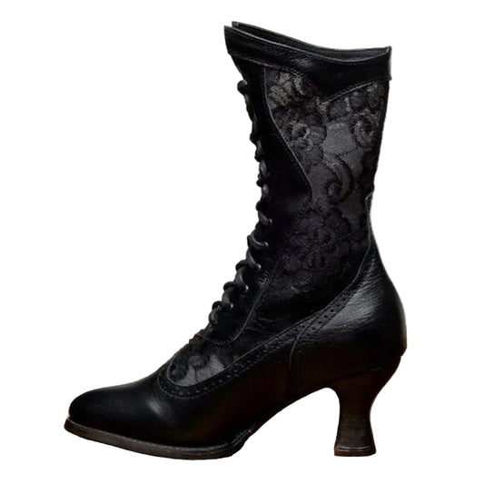 Footmax Women's Victorian Ankle Boots - Vintage Pointed Toe High Heel Lace-Up Boots - footmaxldn
