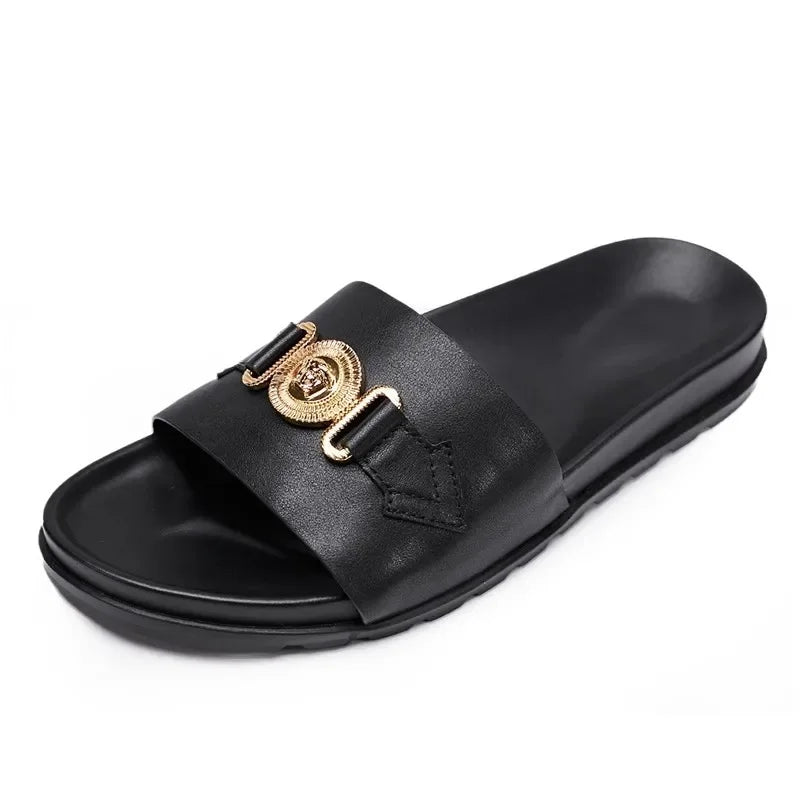 Men's Genuine Leather Slides with Gold Medallion Hardware – footmaxldn